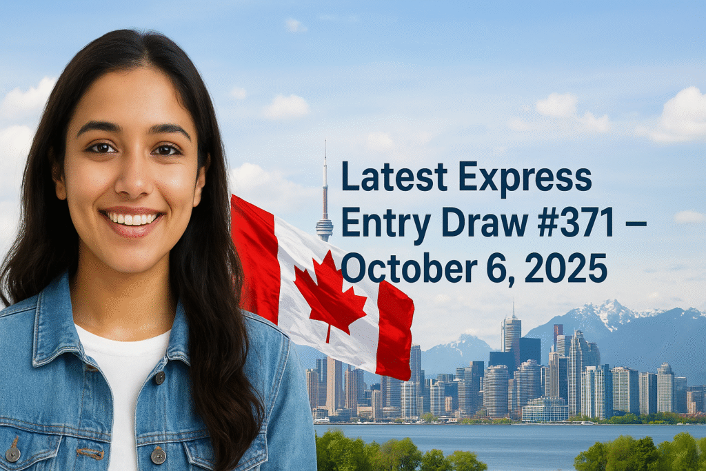 Smiling Canadian immigrant woman with Canadian flag and Toronto skyline in background, representing Express Entry Draw #371 results – October 6, 2025.